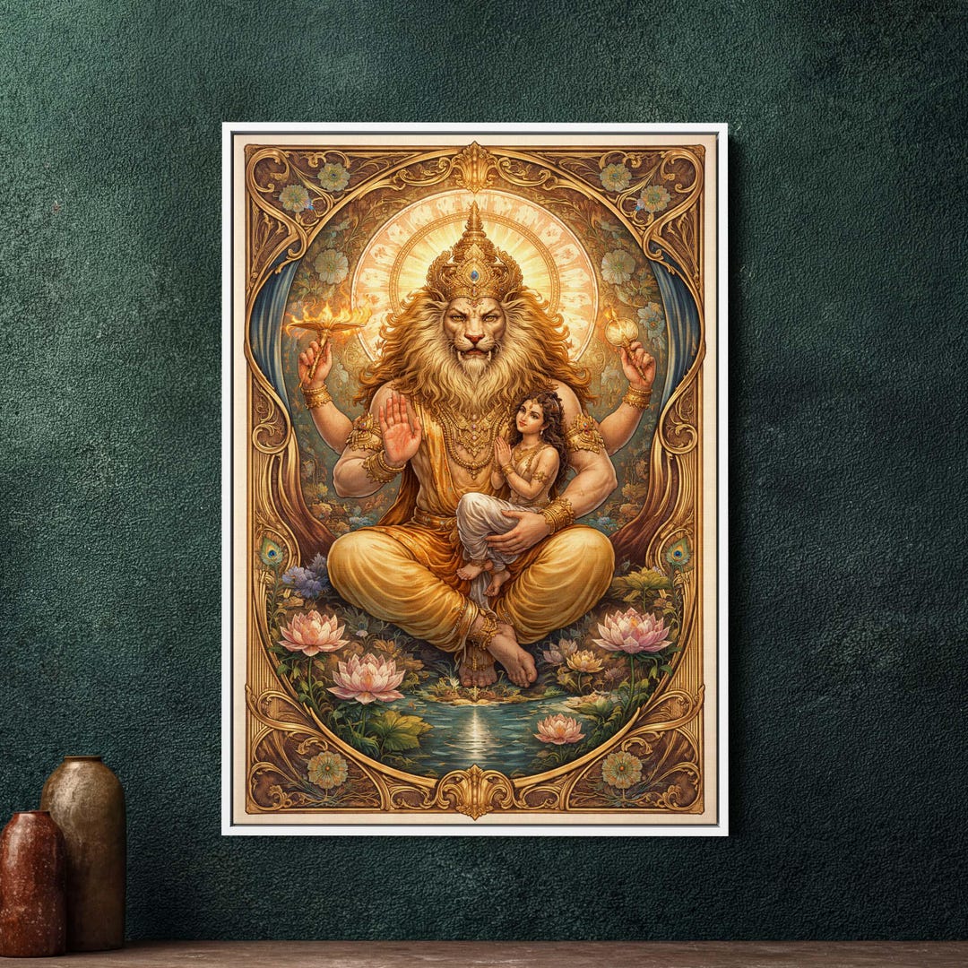 Narasimha Art Nouveau Framed Canvas, Large Art Nouveau Wall Art, Hindu ...