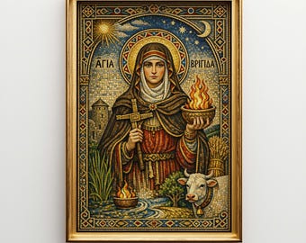 Brigid Byzantine Icon Mosaic Canvas Wall Art, Large Irish Goddess Decor, Celtic Saint Spiritual Portrait Y14MC