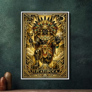 Tezcatlipoca Art Deco ingelijst canvas, grote muurdecoratie met Azteekse god, mythologische woondecoratie, print van een Mexicaanse godheid uit de mythologie