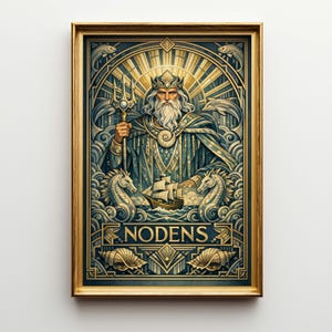 May include: A framed art print featuring a regal figure with a crown and trident, set against a backdrop of stylized waves, seahorses, and a ship. The artwork is in shades of blue, gold, and teal, with the name "NODENS" prominently displayed.