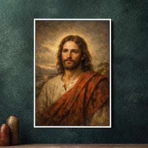 May include: A framed portrait of a man with long brown hair and a beard, wearing a white tunic and a red drape. The background features a landscape with a cloudy sky and a body of water. The artwork is displayed on a dark green wall.