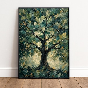 Könnte beinhalten: Ein gerahmter vertikaler Wandkunstdruck mit einem Ölgemälde eines großen Eichenbaums mit dichtem Laub in Schattierungen von tiefem Waldgrün, Petrol und goldenen Gelbtönen. Der Baum hat einen dunklen, strukturierten Stamm und Äste.