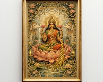 Goddess Lakshmi Art Nouveau Canvas, Large Wall Decor, Art Nouveau Spiritual Print, Hindu Deity Painting Y14MC