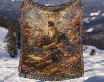 Tenjin Japanese God Woven Blanket | Shinto Mythology Throw Blanket | Cozy Couch Decor | Fantasy Tapestry Throw | Asian Home Decor Gift