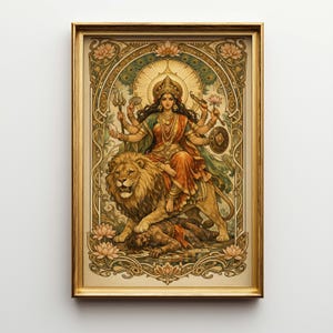 May include: A framed art print depicting a multi-armed deity riding a lion. The artwork features warm colors, intricate floral patterns, and a golden frame. The deity is adorned with jewelry and holds various symbolic objects.