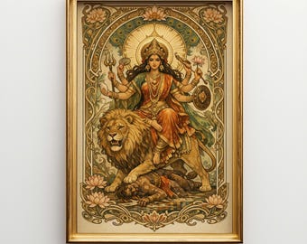 Goddess Durga Art Nouveau Canvas Print, Large Hindu Wall Art, Spiritual Art Nouveau Decor, Indian Mythology Gift Y14MC