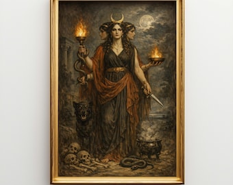 Goddess Hecate Canvas Wall Art, Large Greek Mythology Painting, Dark Pagan Goddess Decor for Gothic Home Y14MC