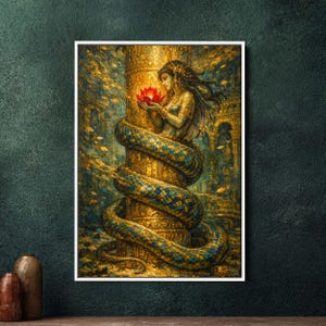 Könnte beinhalten: Gerahmter Kunstdruck, der eine mythische Figur mit einem schlangenartigen Unterkörper zeigt, der sich um eine goldene Säule windet. Die Figur hält eine rote Lotusblume. Das Kunstwerk weist Gold-, Blau- und Grüntöne mit detaillierter, strukturierter Optik auf.