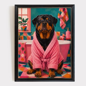 Rottweiler Bathroom Portrait in Pink Robe Poster & Canvas VFYRR