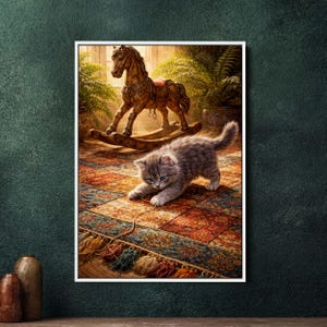 Könnte beinhalten: Gerahmter Kunstdruck mit einer grauen Katze, die mit einer Schnur auf einem bunten Teppich spielt. Im Hintergrund steht ein hölzernes Schaukelpferd. Der Teppich hat ein detailliertes Muster mit Quasten. Das Kunstwerk befindet sich in einem Raum mit Pflanzen und natürlichem Licht.