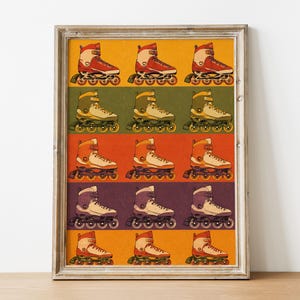May include: A framed rectangular wall art print featuring a repeating grid pattern of inline skates. The design consists of five horizontal rows, each displaying three skates in varying colours against solid mustard, olive, orange, and purple backgrounds.