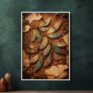 Large Dragonfly Wings Steampunk Framed Canvas Wall Art, Entomological Specimen Decor, Dark Academia Aesthetic Print, Maximalist Home Decor