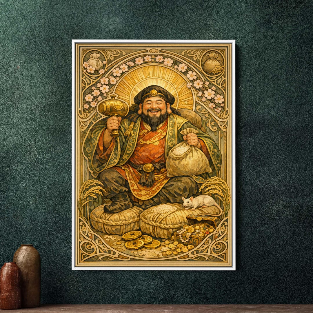 Daikokuten Art Nouveau Framed Canvas, Large Art Nouveau Japanese God ...