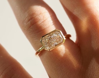 East to West Bezel Set Radiant Cut Moissanite Engagement Ring Solid Gold Solitaire Best Anniversary Gift for Mother Classic Bridal Jewelry