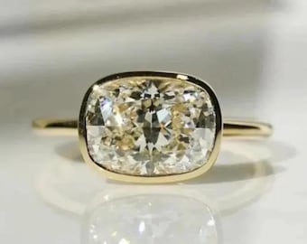 East West 2.5 CT Elongated Cushion Cut Bezel Set Ring 14K Yellow Gold Promise Proposal Ring For Her Wedding Ring For Bride Anniversary Gift