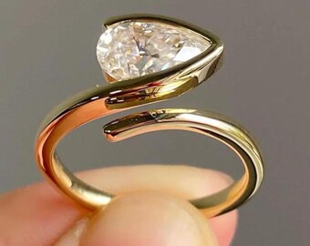 East-West Floating Pear Cut Moissanite Ring, 14K Solitaire Engagement Ring, Moissanite Diamond Promise Ring, Handmade Bridal Ring
