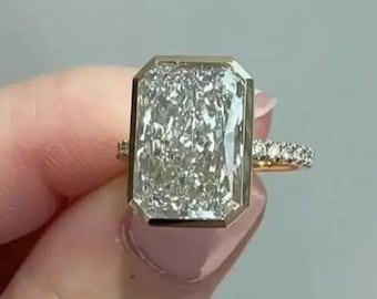 4 Ct Radiant Cut Moissanite Bezel Set Engagement Ring • Gold Solitaire Ring With Pave Band • Modern Bridal Ring • Anniversary Gift For Her