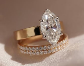 4 CT Marquise Cut Moissanite Engagement Ring Wide Cigar Band 14K Solid Gold Wedding Set For Her Thick Gold Band Double Row Eternity Band Set