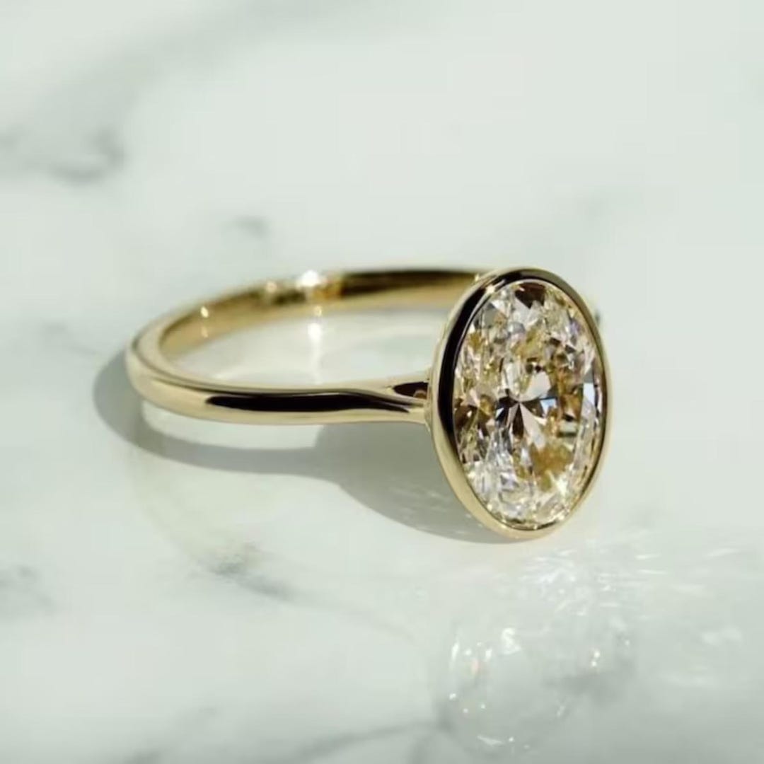 3 CT Oval Cut Moissanite Engagement Ring Full Bezel Set 14K Solid Gold ...
