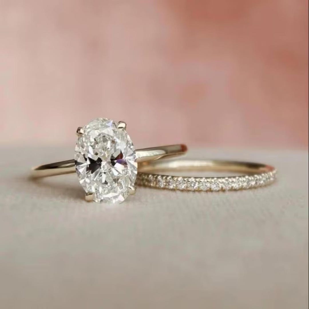 3 CT Oval Cut Moissanite Engagement Ring Set 18K Solid Gold Pave Full ...