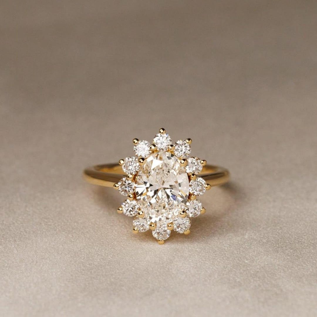 2 CT Oval Cut Moissanite Engagement Ring 14k Solid Gold Halo Wedding ...