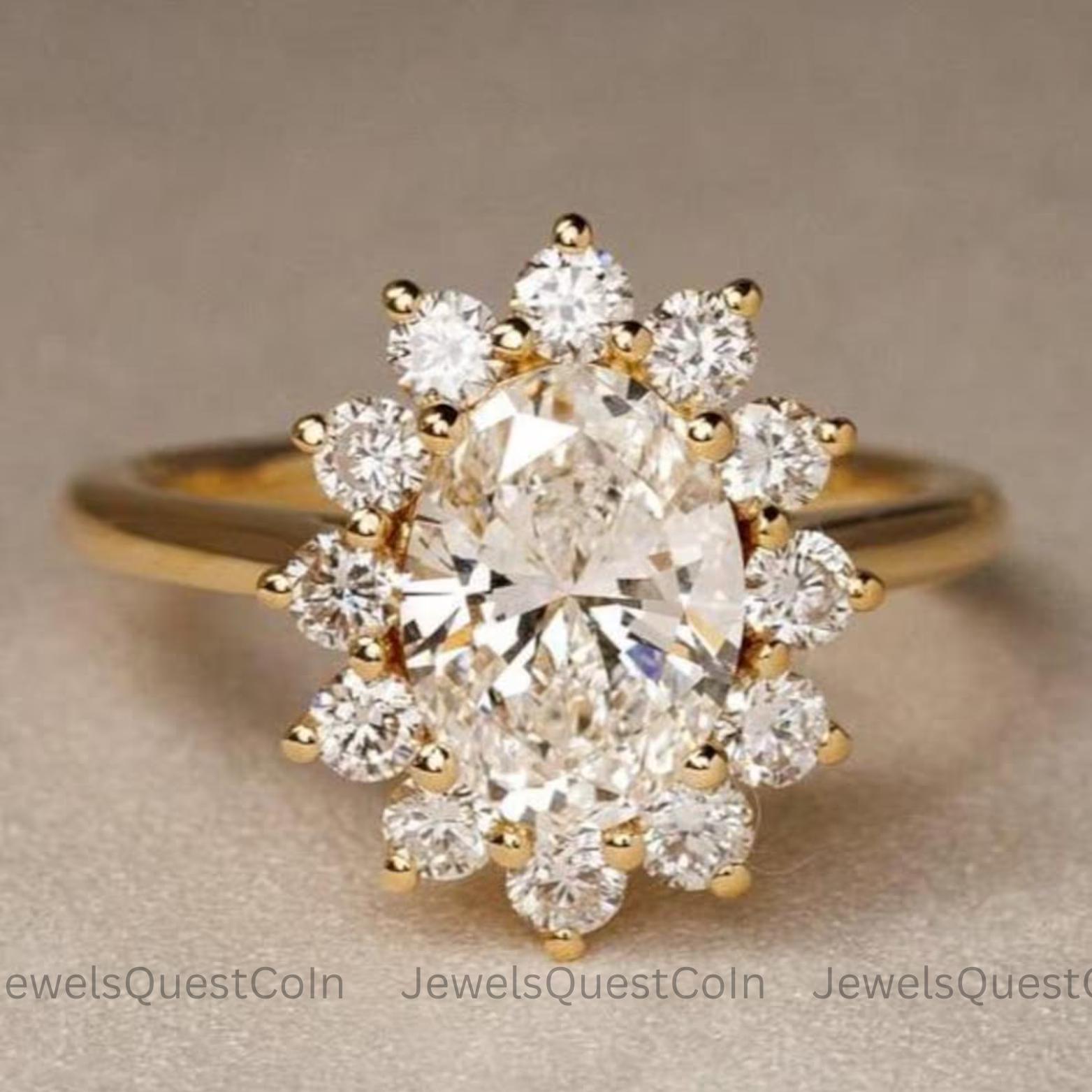 2 CT Oval Cut Moissanite Engagement Ring 14k Solid Gold Halo Wedding ...