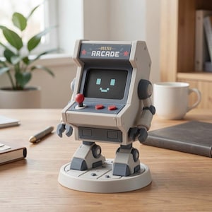 May include: A light grey and dark grey robot-shaped arcade machine with a screen displaying a simple smiling face. The top header reads MINI ARCADE with red stars. It features a red joystick and two red buttons on a control panel, standing on a base.