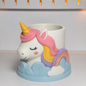 Portalápices Unicornio de Ensueño, organizador de escritorio con melena arcoíris caprichosa, soporte para artículos de papelería impreso en 3D y pintado a mano