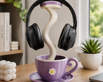 Soporte para auriculares con forma de taza de té artesanal – Soporte escultórico para auriculares de escritorio impreso en 3D