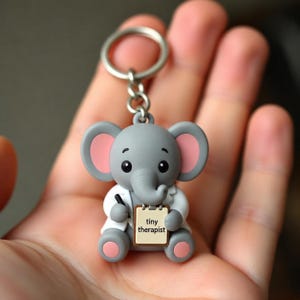 Puede incluir: Un llavero de elefante gris con orejas internas rosas, que lleva una bata blanca y sostiene un bloc de notas que dice "tiny therapist". El llavero tiene un anillo plateado.