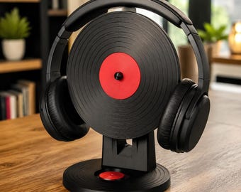 Retro Vinyl Record Headphone Stand, Hand-Painted 3D Printed Audio Desk Sculpture