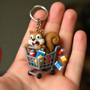 Könnte beinhalten: Ein Schlüsselanhänger mit einem braunen Eichhörnchen mit großen Augen und hervorstehenden Zähnen, das in einem kleinen grauen Einkaufswagen sitzt. Der Wagen ist mit bunten Miniaturartikeln wie roten Dosen sowie blauen und gelben Boxen gefüllt.