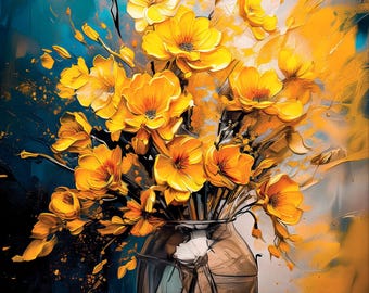 Druckbare Blumenkunst: Gelbe Blume auf Blau - moderner digitaler Download