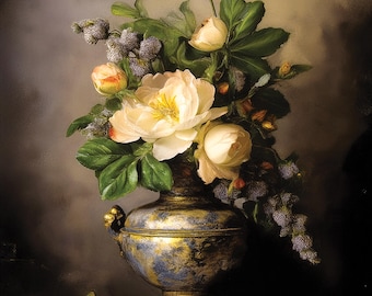 Vintage Blumen Stillleben Wandkunst, klassische Vase Blumenmalerei druckbare digitale Download