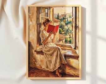 Cuadro de mujer leyendo - Campo toscano, vista rústica desde la ventana