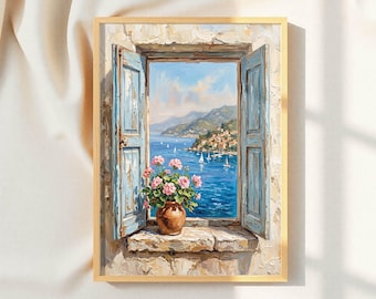 Cuadro decorativo con vista a una ventana de la costa mediterránea, pintura de un pueblo costero, decoración con velero en el océano.