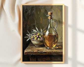 Bodegón rústico al óleo, arte mural de cocina mediterránea, decoración de comedor de estilo rústico.