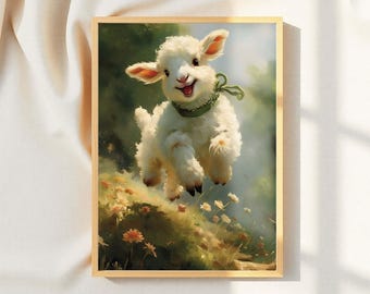 Frühling Lamm Wand Kunst zum Ausdrucken, Baby Tier Kinderzimmer Dekor, Cottagecore Kinder Druck