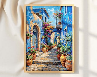 Blue Alley ART PRINT druckbare Kunst - Buntes italienisches Dorf Motiv