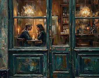 Regnerische Nacht Paar Gemälde - Romantische Vintage Cafe Kunst