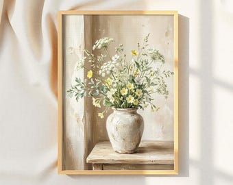 Lámina decorativa de flores silvestres para pared: Estilo rústico vintage estilo cottagecore - Tonos neutros