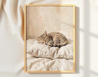 Lámina de pintura al óleo vintage de un gato, atigrado durmiendo, decoración campestre francesa (descarga digital)