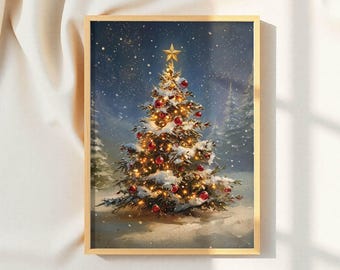 Peut inclure: Une impression d'art murale encadrée représentant un sapin de Noël enneigé la nuit. L'arbre est décoré de guirlandes lumineuses jaune chaud et de boules rouges, surmonté d'une étoile dorée, sur un fond de forêt enneigée bleu foncé.