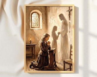 Arte mural cristiano vintage: Pintura de una mujer orando y Jesús.