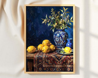 Lámina con estampado de naturaleza muerta con limones, jarrón azul y estilo vintage (descarga digital).