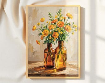 Jarrón de cristal ámbar, arte mural floral, pintura de flores silvestres amarillas, decoración de cocina estilo cottagecore.