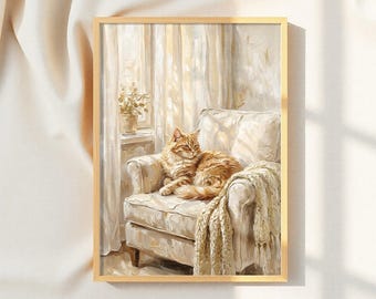 Cuadro al óleo de gato atigrado naranja impreso en lienzo, decoración de pared acogedora de estilo rústico campestre.