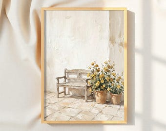 Cuadro decorativo de pared estilo granja, neutro, rústico, floral, banco, pintura, estilo cottagecore, beige, decoración de pared, impresión