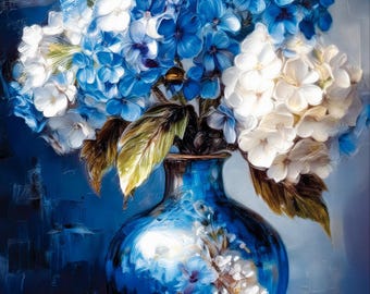 Hortensie Wand Kunst Printable Vintage Blau Weiß Blumen Stillleben Botanische Kunst