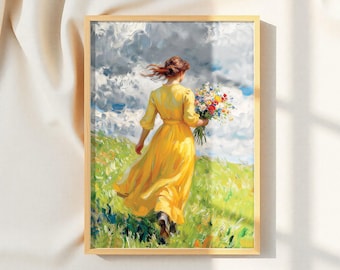 Gelbes Kleid Frau in Frühlingswiese druckbare Wandkunst digitaler Download